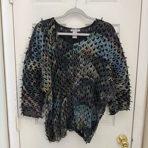 Alberto Makali Art to Wear Peacock Pleated Blouse Size Large Feathery Artsy